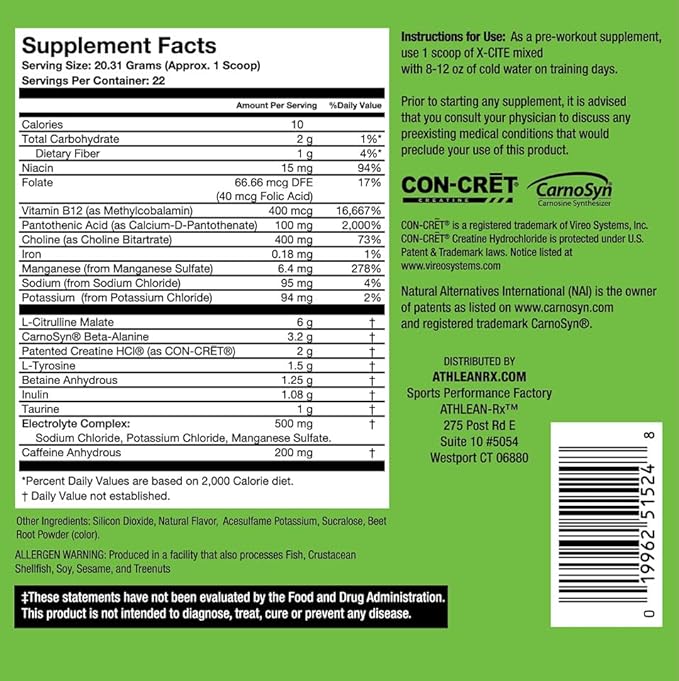 X-CITE Pre-Workout by ATHLEAN-X - Enhanced Formula with Beta-Alanine Creatine &amp Caffeine for Ultimate Energy Endurance Focus &amp Muscle Pump NSF Certified for Sports (Sour Gummy Bear)