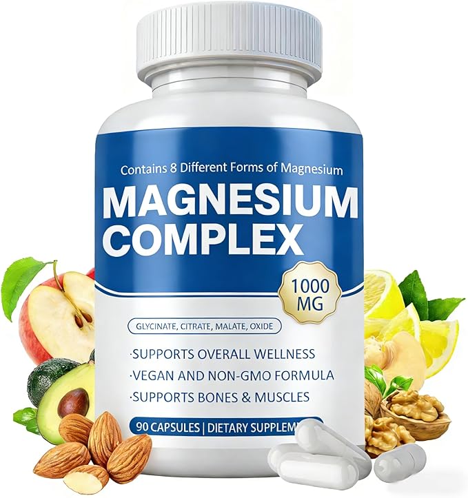 Magnesium Complex Supplement 8 Elemental 1000mg - Magnesium Glycinate Citrate Malate Oxide | Easy Absorption for Bones Muscle Energy Vegan Non-GMO 90 Capsules (1pc)