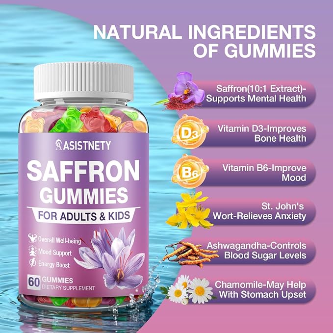 Saffron Gummies for Kids &amp Adults 88.5mg Saffron Extract Cαlm Focus &amp Mood Support Saffron Supplement with L-Theanine St.John's Wort Lemon Balm Magnesium Gentle Nerve &amp Rest Support