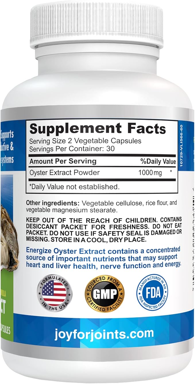 Energize Oyster Extract Supplement for Men &amp Women - Zinc Taurine Amino Acids - Supports Energy and Wellsness Manufactured in USA 500 mg 60 Vegetable Capsules.
