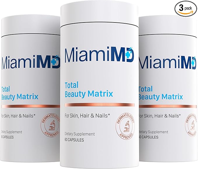 MiamiMD Total Beauty Matrix Collagen Supplements for Women - Collagen Capsules with Vitamin C for Hair Skin and Nails - Cruelty Free - (60 Capsules) - 3 Pack
