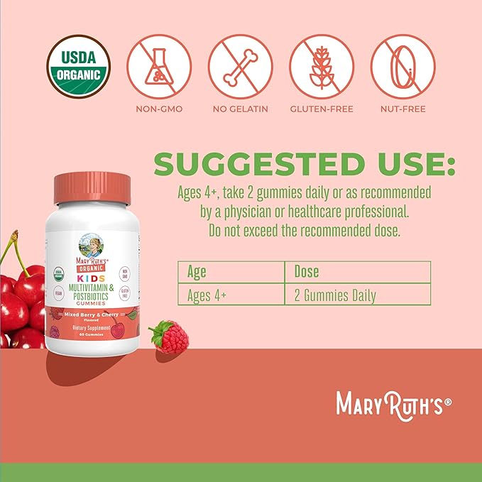 Kids Vitamins by MaryRuth's | USDA Organic | Multivitamin Gummies + Postbiotics for Ages 4+ | Multivitamin for Kids with Lactobacillus Rhamnosus | Children’s Vitamins | Vegan | Non-GMO | 60 Count