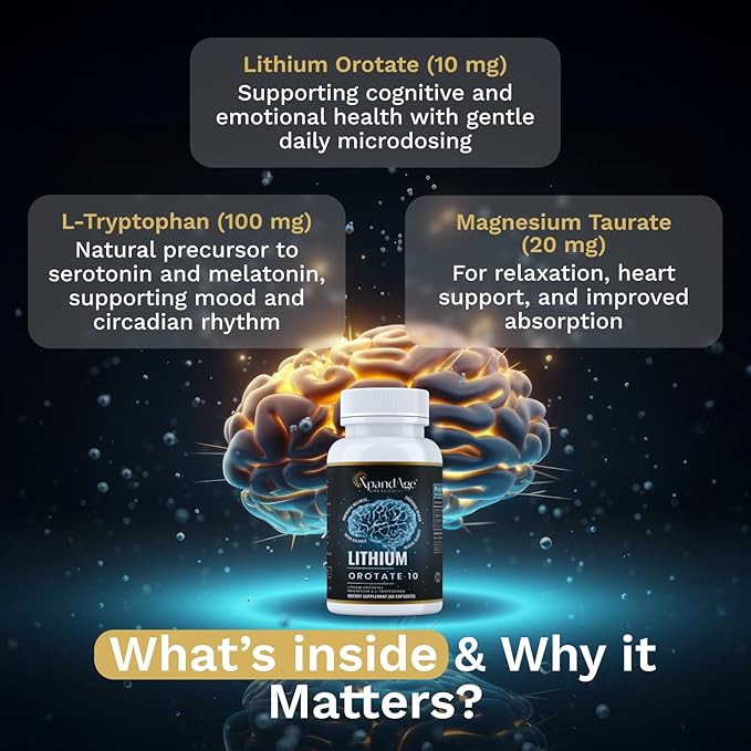 Lithium Orotate 10mg with Magnesium Taurate and l tryptophan for Essential Trace Mineral Brain Healthm*oo*d* Support and Immunity|60 Days Supply|Made in USA