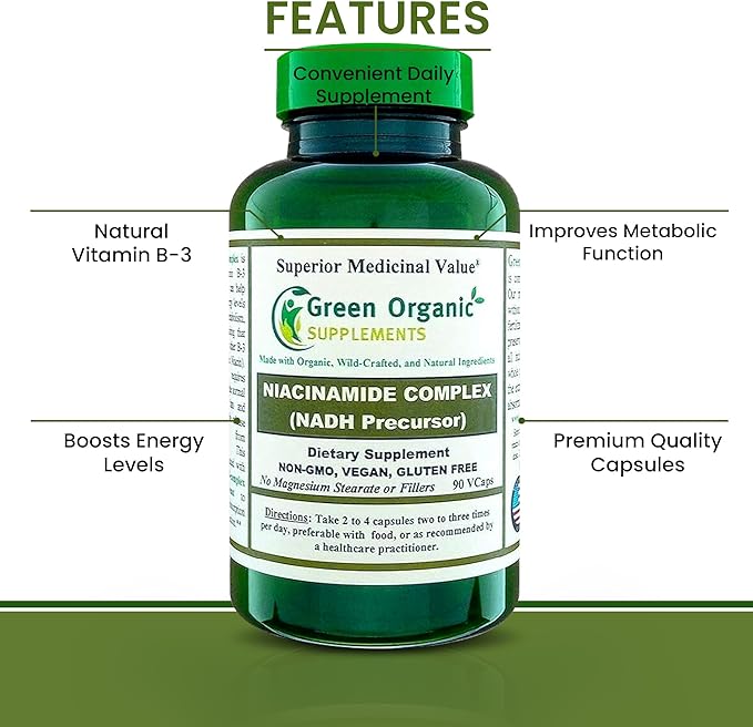 Green Organic Supplements Niacinamide Niacin NAD NADH 90 High Absorbable Non-GMO Gluten-Free (Pack of 3)