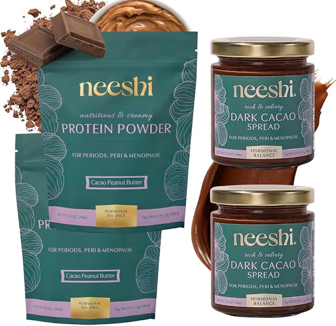 Monthly Hormone Balance Bundle – 2 Nourishing Cacao Peanut Butter Protein Powders + 2 Dark Cacao Ritual Spreads – Plant-Based Vegan Gluten-Free – PMS &amp Menopause Relief w/Superfood Nutrition