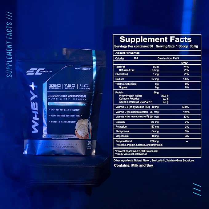 EC Sports Whey+ Protein Powder Cookies n Cream Drink Mix w/Digestive Enzymes - Isolate Supplement Collagen Peptides w/Faster Reform - 30 Servings