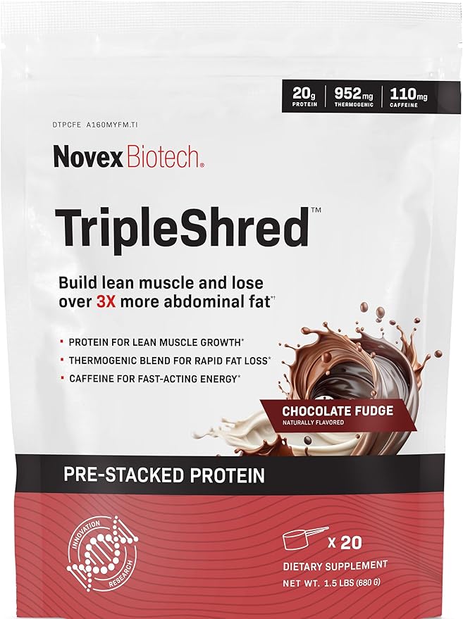 Novex Biotech TripleShred Protein Powder – Lean Muscle &amp Metabolism Support with Thermogenic Blend Caffeine Green Tea &amp Coffee Bean – Weight Management Formula Chocolate Fudge 20 Servings