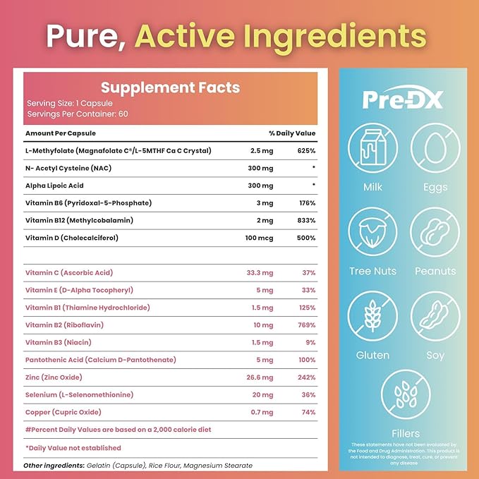 Pre-DX Nerve Support Supplement - Advanced L-Methylfolate Multivitamin w/Vitamin B-Complex &amp More for Resistance Enhancement - 3rd Party Tested L-methylfolate Supplement - 60 Capsules