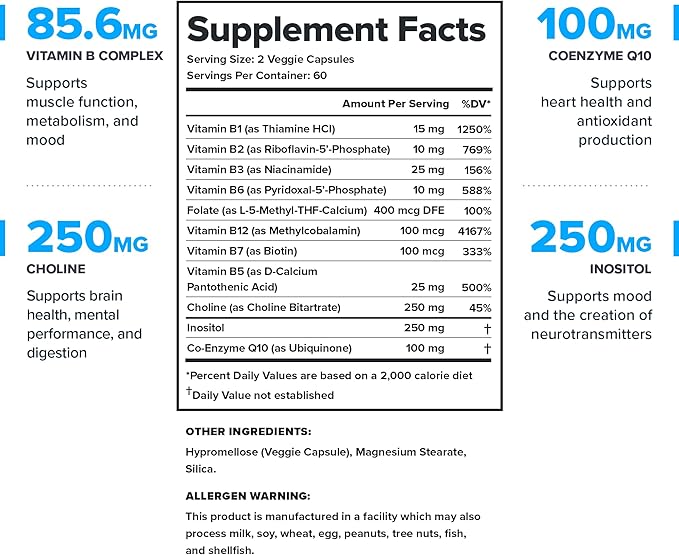 LEGION Vitamin B-Complex (120 Capsules) - Vitamin B Complex with Choline and Inositol Supports Mood &amp Liver Function - Vegan B Complex Vitamins Support Energy Metabolism &amp Muscle Function
