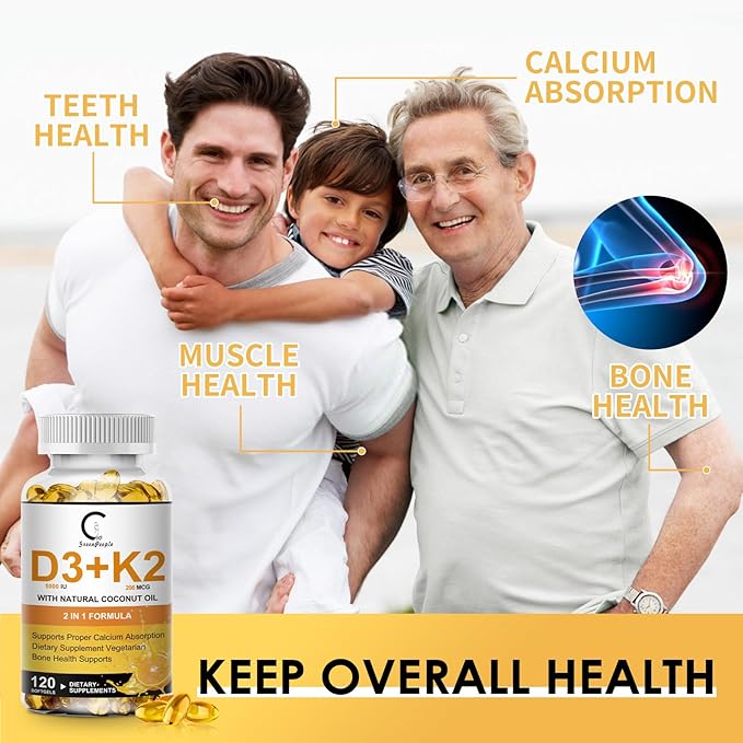 Vitamin D3 K2 Supplement with Vitamin D3 5000 IU 200 mcg Vitamin K2 MK-7 &amp Natural Coconut Oil Plant Based 2-1 Formula for Bone Teeth Muscle and Immune Health Support120 Softgel Capsules