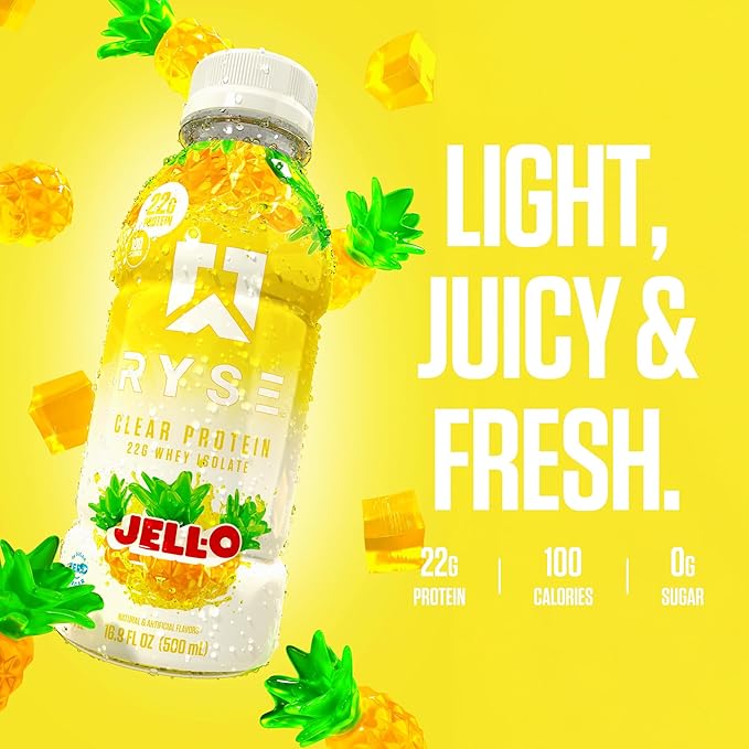 RYSE Clear Protein Drink - Jell-O Island Pineapple - 100 Calories 22g Whey Isolate Protein Shake Sugar-Free 0g Fat &amp Lactose-Free - Refreshing Ready-to-Drink Beverage - 16.9 fl oz Bottles (12-P