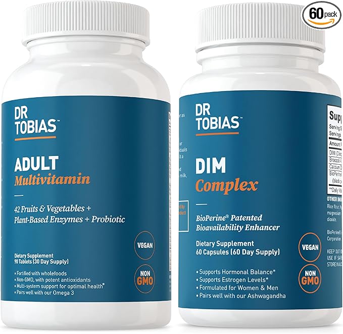 Dr. Tobias Adult Multivitamin &amp DIM Complex Supports Energy Immune and Hormone Balance for Men &amp Women with 42 Fruits &amp Vegetables BioPerine Broccoli Extract &amp Calcium Non-GMO