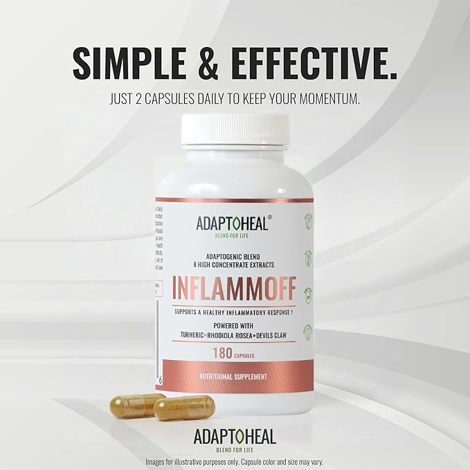 ADAPTOHEAL Inflammoff - Adaptogenic Supplement Designed to Support Joint Muscle and Tissue Inflammation Naturally 8 Highly Concentrated extracts with Turmeric and Rhodiola rosea (180 Capsules)