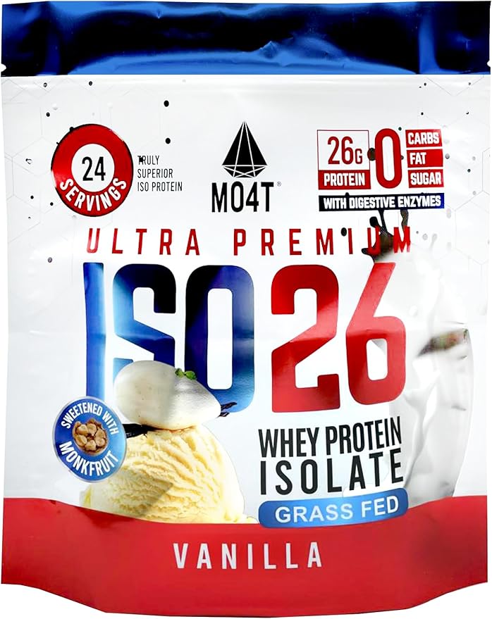 ISO26 Grass Fed Whey Protein Isolate with no Artificial sweeteners. Naturally Sweetened with Monk Fruit 1.6 Pounds 24 Servings Milk Chocolate (Iso 26 Pouch Vanilla)