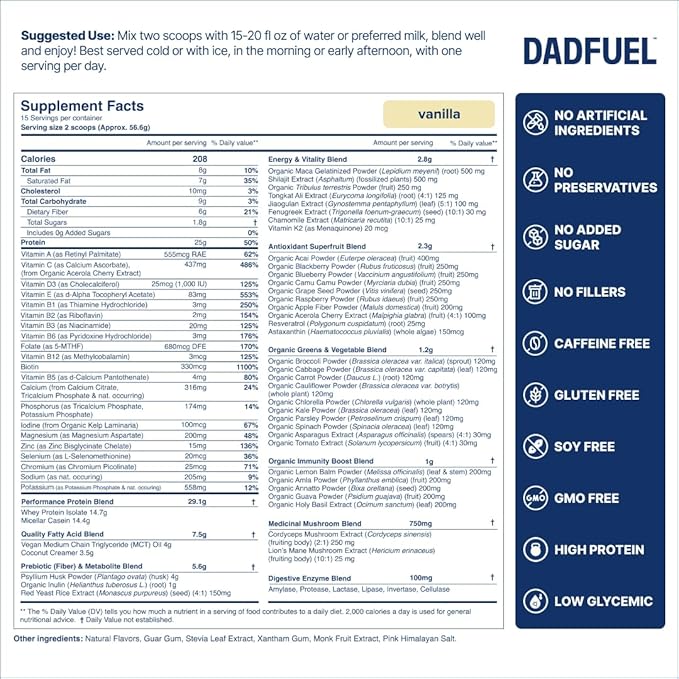 DADFUEL All-in-One Meal Replacement Shake for Men | 25g Whey Protein Isolate + 70+ Superfoods &amp Nutrients | Non-GMO Gluten-Free No Added Sugar | Smooth Taste Easy Mix | 15 Servings