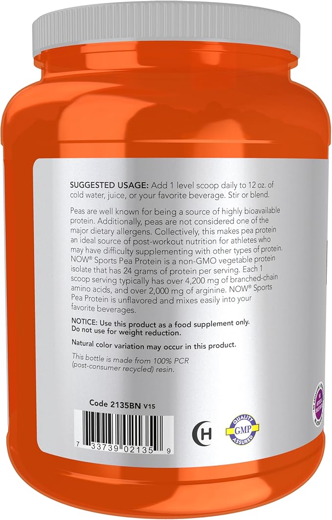 NOW Foods Sports Nutrition Pea Protein 24 g Fast Absorbing Unflavored Powder 2-Pound