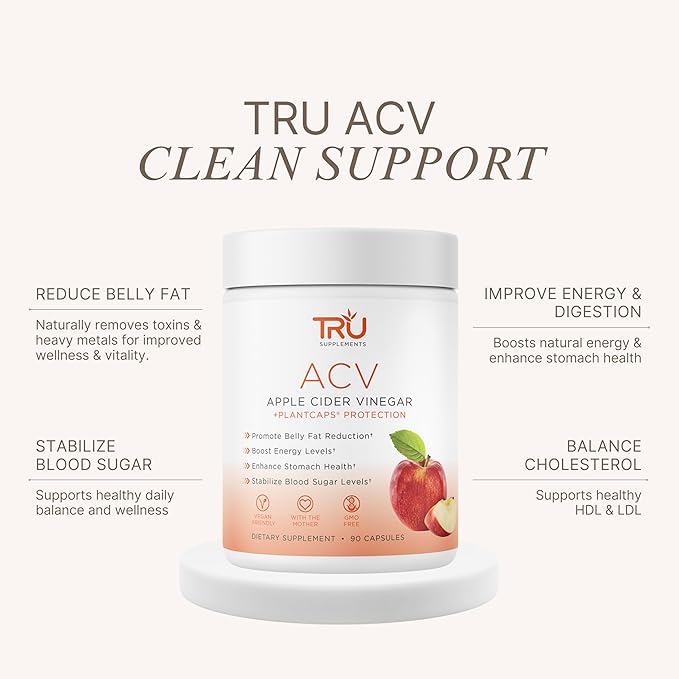 TRU Supplements Plant Based Protein Powder Natural Chocolate Cream 25 Servings with ACV Apple Cider Vinegar Organic 45 Servings Complete Health and Fitness Support Pack