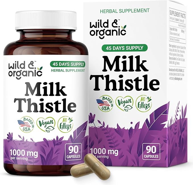 Wild &amp Organic Milk Thistle Capsules 1000mg - Liver Detox Supplements - Silymarin Milk Thistle Powder for Liver Cleanse - 90 Vegan Capsules - 45-Days Supply - No Fillers Non-GMO