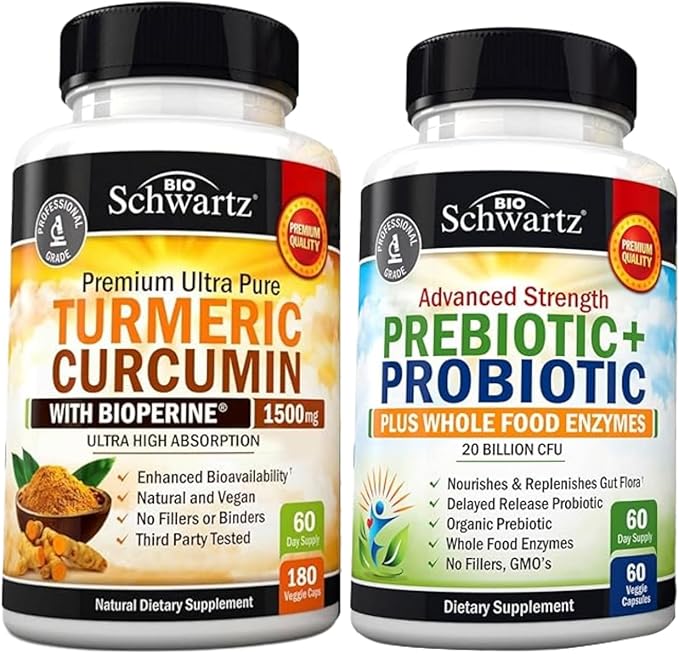 Turmeric Curcumin with Black Pepper Extract 1500mg Complex (2 Month Supply) Plus Advanced Strength Pre and Probiotics Supplement with Digestive Enzymes (2 Month Supply)