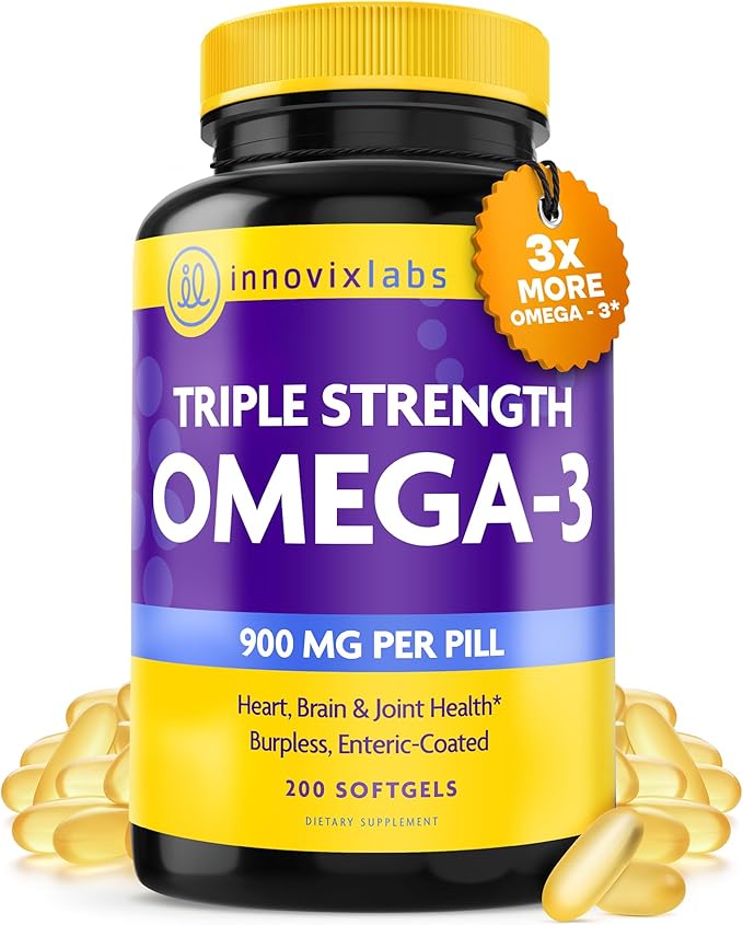 InnovixLabs Triple Strength Omega 3 Supplement Burpless Fish Oil for Women and Men - 900 mg EPA &amp DHA Brain &amp Joint Support Award Winning &amp Third-Party Tested 200 Softgels