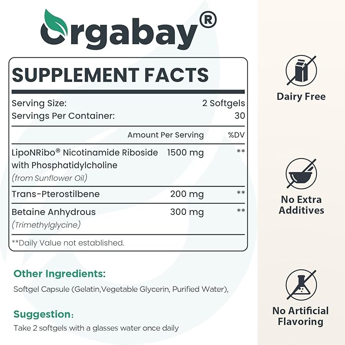 Orgabay Liposomal NAD+ Supplement 500 mg High Absorption Boost NAD+ with TMG 250 mg Actual NAD Plus More Efficient Than Nicotinamide Riboside Support Cellular Energy Healthy Aging | 60 Softgels