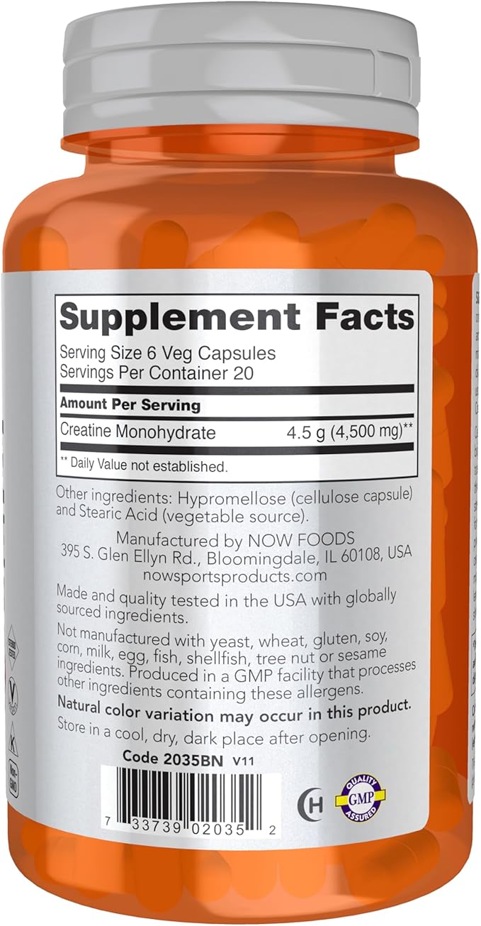 NOW Foods Sports Nutrition Creatine Monohydrate 750 mg Mass Building*/Energy Production* 120 Veg Capsules(Pack of 2)
