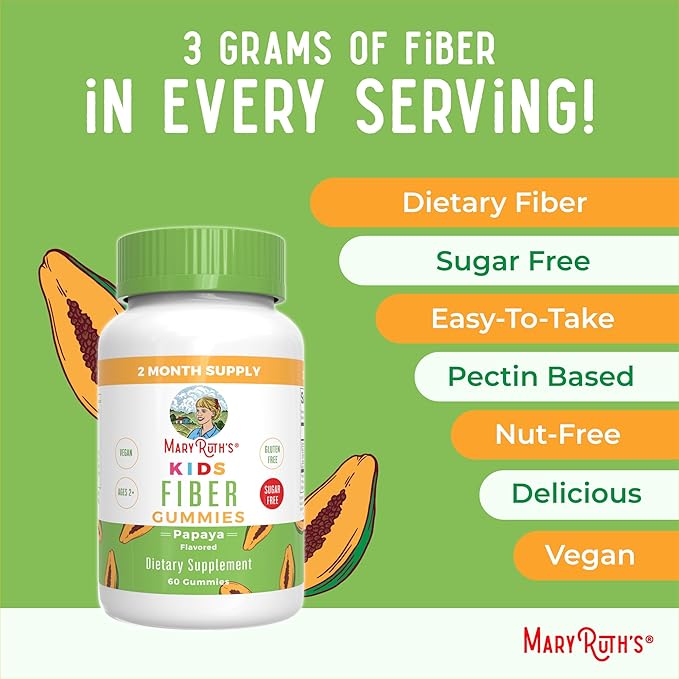 MaryRuth Organics Fiber Gummies for Kids | 2 Month Supply | Sugar Free | Soluble Fiber Supplement | Gut Health &amp Digestion Support | 3g Fiber per Gummy | Vegan | 60 Count