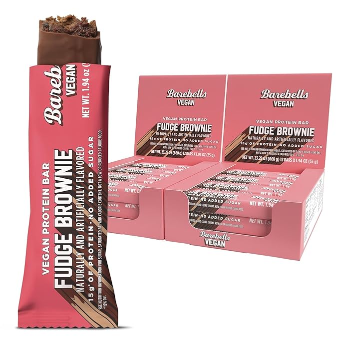 Barebells Vegan Protein Bars Fudge Brownie Plant Based with High Protein - Chocolate Protein Bars - Perfect on The Go Protein Snack &amp Breakfast Bars 24 Count (Pack of 1)
