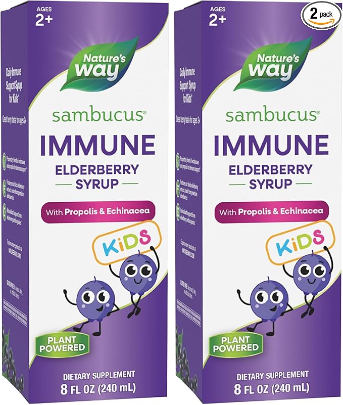 Nature's Way Sambucus Elderberry Immune Syrup for Kids Ages 2+Echinacea &amp Propoliswith Superfood Antioxidants(1)Immune Support Syrup*VegetarianBerry Flavored8 Fl Oz(Pack of 2)