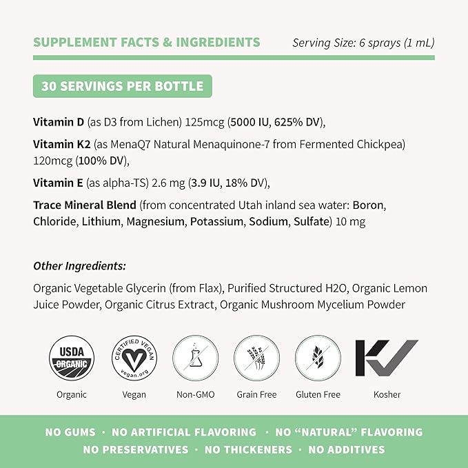 Organic Vitamin D3 5000 IU (Lichen) + K2 120 mcg (Fermented Chickpea) Immune Bone &amp Heart Health with Calcium Absorption | Trace Minerals Lemon &amp Citrus Sugar Free Spray (1 FL OZ 30 Serv