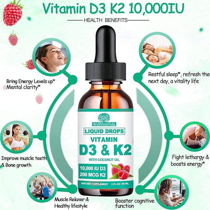 2 Pack D3 K2 Vitamin 10000iu Liquid Drop Vitamin D3 With K2 (MK-7)200mcg Coconut Oil 6X Stronger Than D3 K2 Sofegels Magnesium Zinc for Absorption -K2 D3 Supplement for Joint Teeth &amp Bone Healt