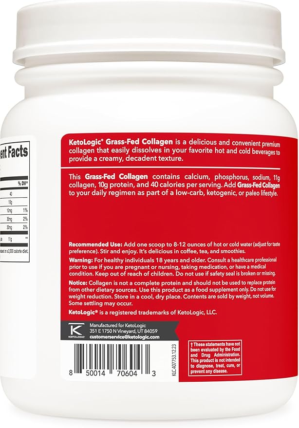 Ketologic Grass Fed Collagen Hydrolysate Powder (Unflavored) (1 LB) - 41 Servings 11 G Collagen Per Serving 10 G Protein Per Serving - Grass-fed Collagen Peptides