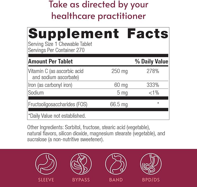 Bariatric Advantage Chewable Iron 60 mg - for Bariatric Surgery Patients - Iron with Vitamin C - No Iron Taste - Carbonyl Iron Supplement - Lemon &amp Lime - 270 Count
