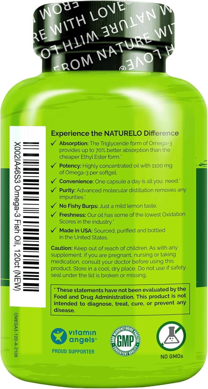 NATURELO Burpless Omega 3 Fish Oil Supplement - 1100mg Triglyceride Omega-3 EPA + DHA Liquid Fish Oil for Heart Eye Brain Joint Health - 120 Softgels 4 Months Supply