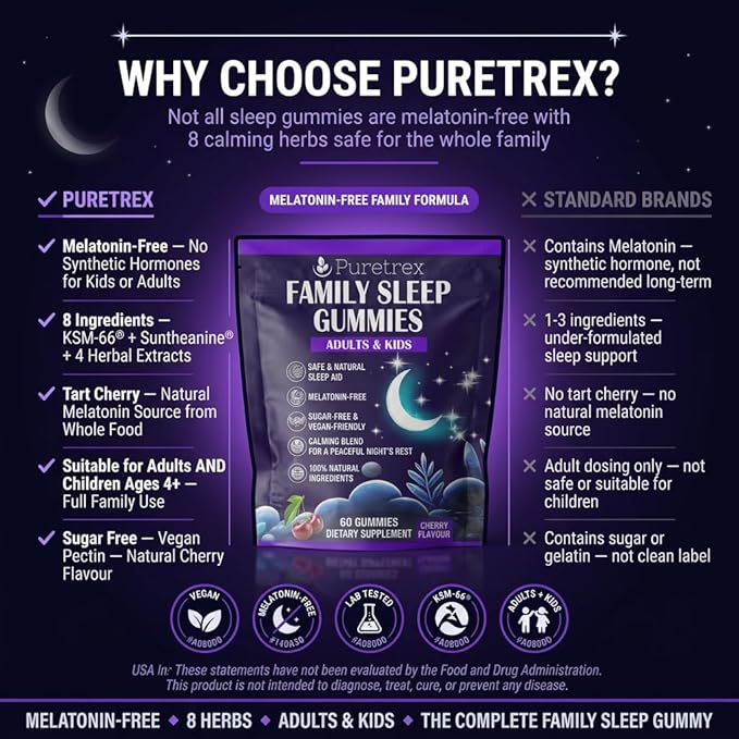 Family Sleep Gummies for Adults &amp Kids – Melatonin-Free Cherry Flavor – Vegan Sugar-Free Natural Calming Blend with Magnesium L-Theanine Chamomile &amp Ashwagandha – 60 Gummies