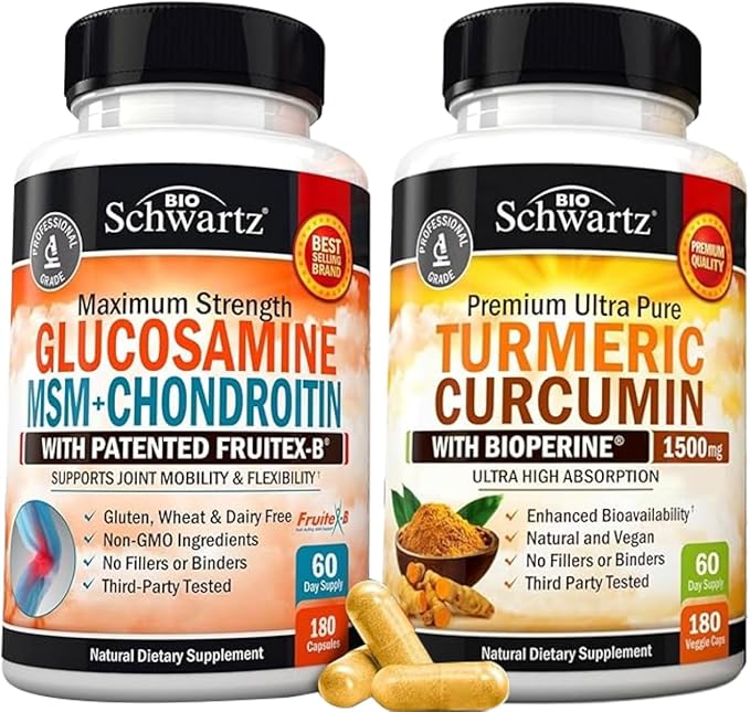 Glucosamine Chondroitin MSM Triple Strength Joint Support Supplement (2 Month Supply) Plus Turmeric Curcumin with Black Pepper Extract 1500mg Complex (2 Month Supply)