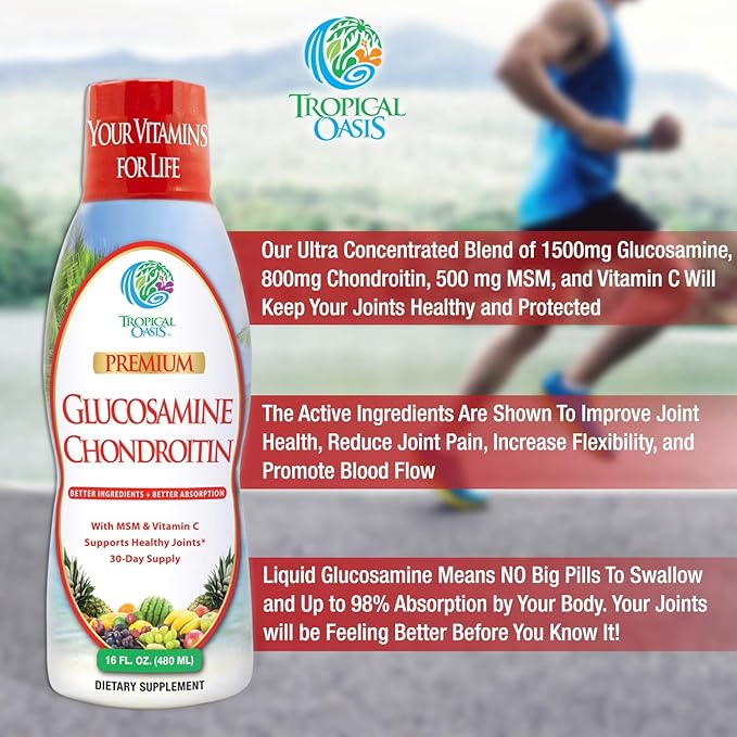 Tropical Oasis–Premium Liquid Glucosamine Chondroitin &amp MSM- Liquid Joint Support Formula 1500mg Glucosamine 800mg Chondroitin &amp 500mg MSM - 16 Fl Oz