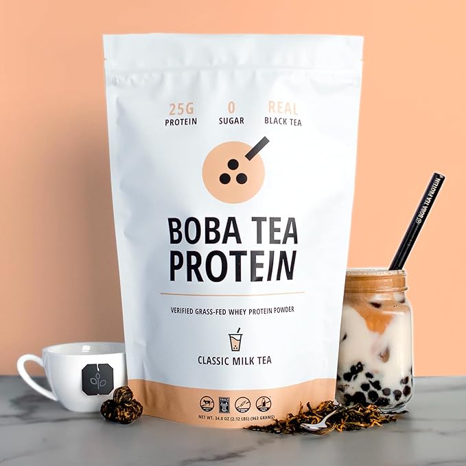 Boba Tea Protein Classic Milk Tea | 25g Grass-Fed Whey Protein Isolate Powder | Gluten-Free &amp Soy-Free Bubble Tea Protein Drink | Real Ingredients &amp Lactose-Free Protein Drink | 25 Servings