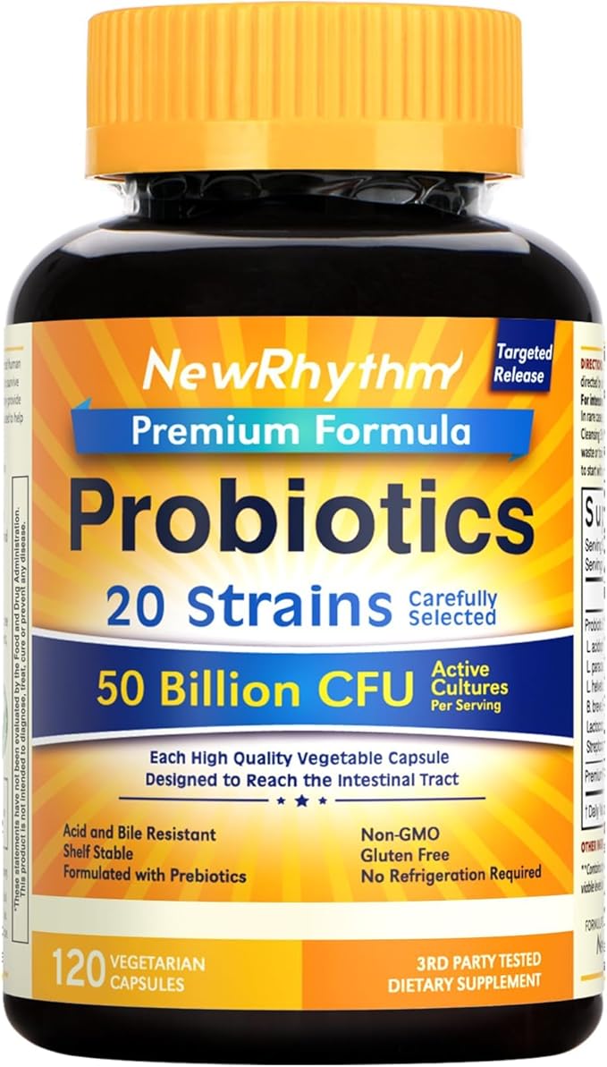 NewRhythm Probiotics 50 Billion CFU 20 Strains 120 Veggie Capsules Targeted Release Technology Stomach Acid Resistant No Need for Refrigeration Non-GMO No Gluten