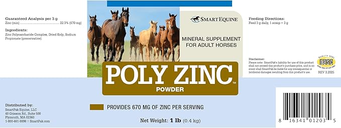 SmartEquine Poly Zinc Powder | Zinc Supplement for Horses | Hoof Care Vitamins and Minerals | Supports Bone and Hoof Wellness | Equine Skin Coat Supplement | 1 lb