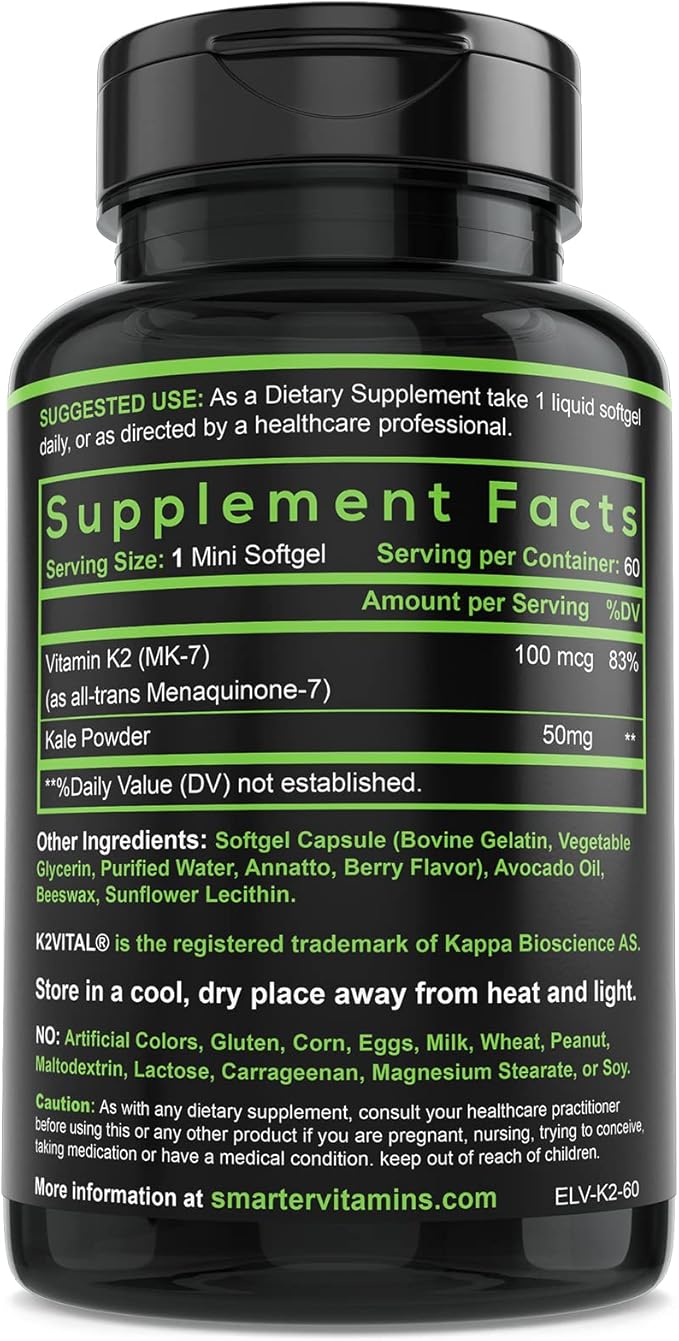 (3 Pack) Smarter Vitamin K2 MK7 100mcg Made with K2VITAL and Kale 180 Liquid Softgels