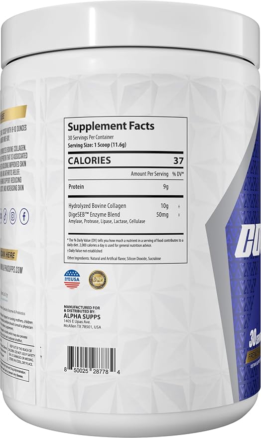 Alpha Supps Premium Hydrolyzed Collagen Protein Powder - Collagen Peptides Supplement for Men &amp Women with Digestive Enzymes - 30 Servings (French Vanilla)