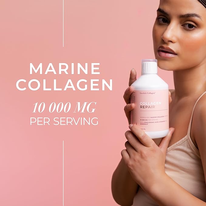 Swedish Collagen Repair | 10000 mg Hydrolyzed Marine Collagen Liquid Supplement - 500 ml 20 Day Supply I Hyaluronic Acid Biotin &amp Vitamin C for Healthy Hair Skin Nails &amp Joints | Sugar-Fr