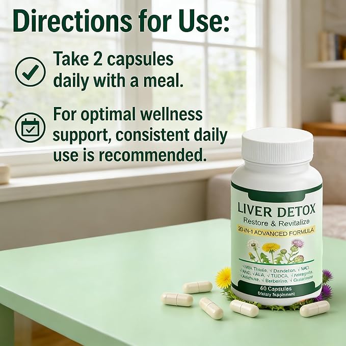 Liver Support Capsules | 20-in-1 Herbal Formula with Milk Thistle Dandelion &amp Turmeric for Daily Liver &amp Digestive Wellness | Non-GMO Gluten-Free Supplement for Vitality &amp Comfort 60 Ca