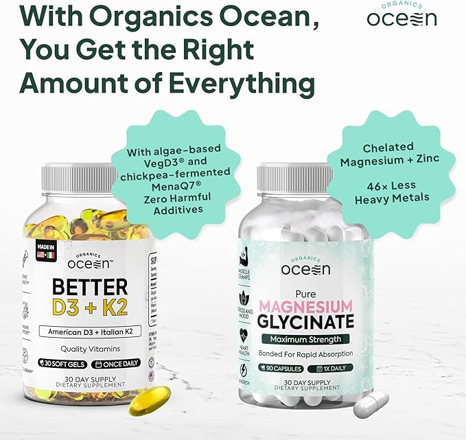 Organics Ocean Muscle Bone Heart &amp Sleep Wellness Bundle – Chelated Magnesium Glycinate with Zinc &amp VIT D3 and K2 Supplements for Muscle Function Calcium Absorption &amp Vascular Health