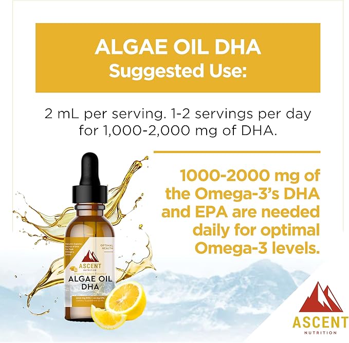 Ascent Nutrition Algae Oil DHA Omega-3's | Vegan and Vegetarian | 1000 mg DHA and 10 mg EPA | Organic Lemon Flavor | 60ml