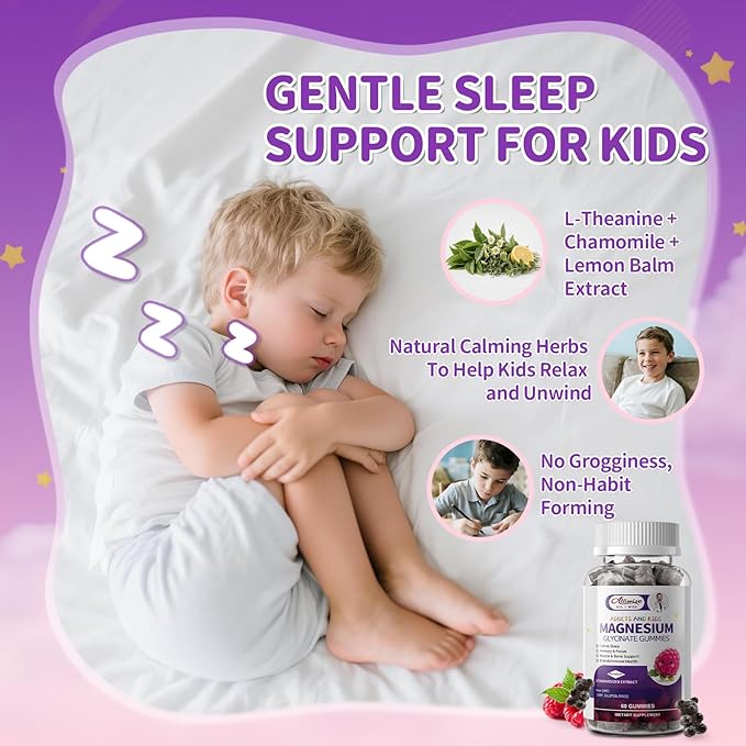 Magnesium Glycinate Gummies for Kids 4+Sugar Free Magnesium Bisglycinate Supplement 400mg with DHA L-Theanine Chamomile &amp Lemon Balm Melatonin Free Calm &amp Sleep Support Raspberry Flavor