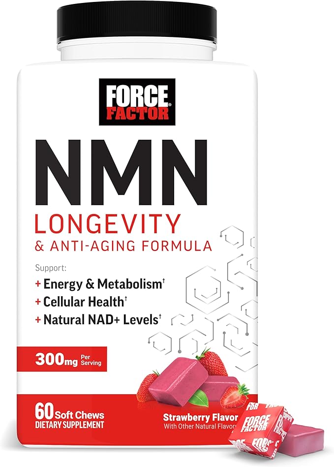 Force Factor NMN Longevity &amp Anti-Aging Nicotinamide Mononucleotide NAD+ Support Cellular Health Cellular Repair Energy Metabolism Strawberry 60 Soft Chews