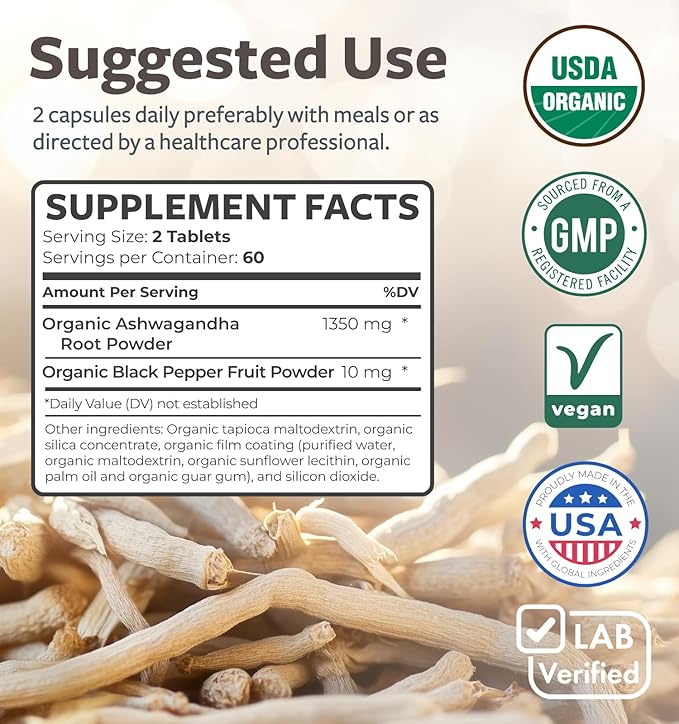USDA Organic Ashwagandha Supplement - High Potency Ashwagandha Pills Made With Organic Black Pepper for Enhanced Absorption - Vegan Non-GMO Made in the USA &amp Lab Verified (2 Months Supply)