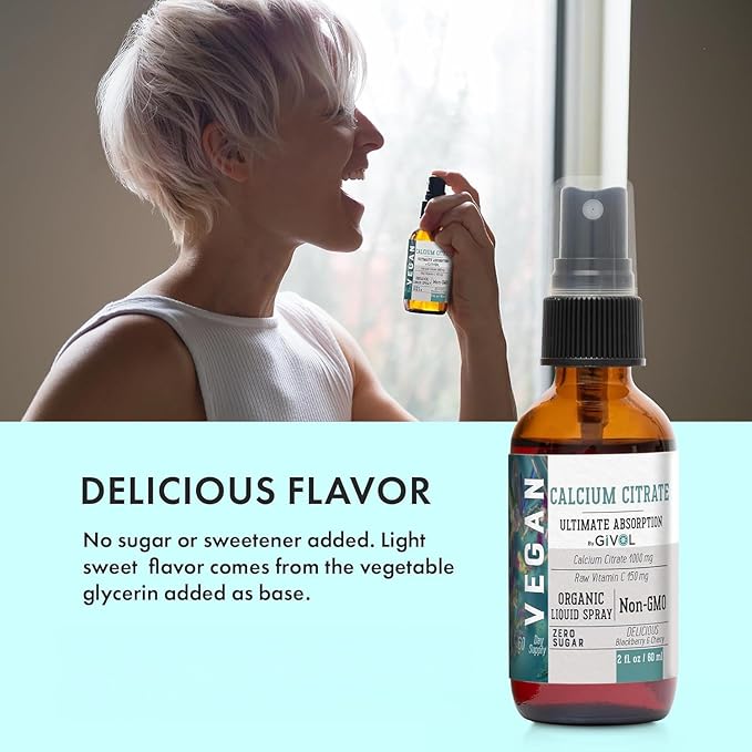 Liquid Calcium Citrate 1000mg &amp Raw Vitamin C 150mg Liquid Spray Mist for Optimal Absorption Wild Cherry &amp BlackBerry Flavor Calcium Supplement Non-GMO Gluten Free Sugar-Free 2oz (60ml)